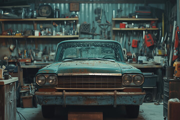 Obraz premium Vintage Car Restoration in a Cluttered Garage with Tools and Nostalgic Atmosphere