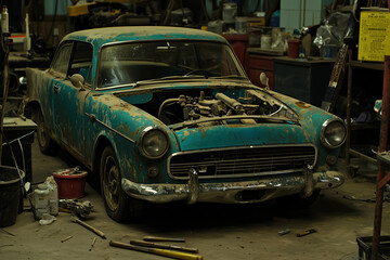Vintage Car Restoration in Workshop with Exposed Engine Cluttered Tools and Gritty Charm