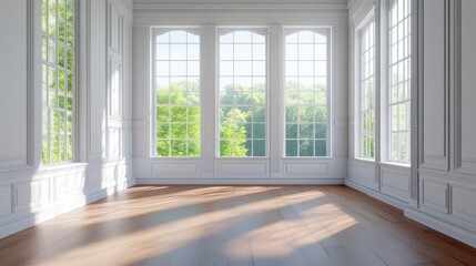 Fototapeta premium A large room with three windows and a wooden floor. The windows are all open and the room is very bright