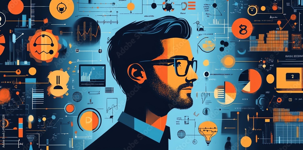 Aufkleber a man with glasses looking thoughtfully to the right, surrounded by data and charts.