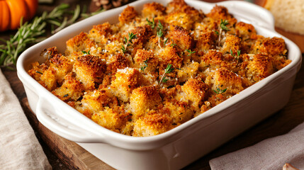 Stuffing featuring roasted garlic and Parmesan cheese for a rich Thanksgiving taste.