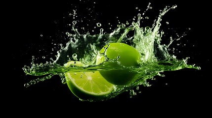 Fresh green limes splashing into water, creating dynamic droplets and waves.