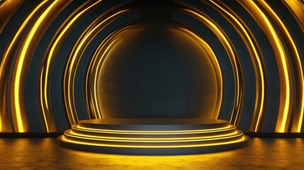 Circular Platform with Neon Lights and Curved Walls