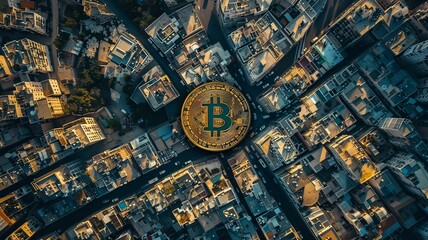 A large B is in the center of a cityscape