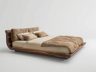 Modern Platform Bed with Wooden Headboard and Stylish Cushions - Bedroom Design Inspiration