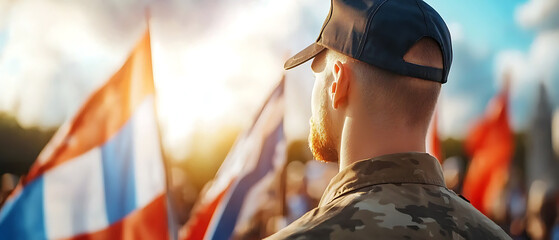 Honor our heroes veterans day remembrance at memorial with flags waving