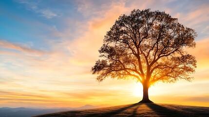 The majestic oak tree stood tall against the vibrant hues of the setting sun, its branches stretching out like fingers reaching for the sky