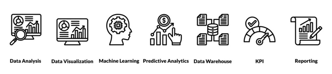 Business intelligence icon set with icons of data analysis, data visualization, machine learning, predictive analytics, data warehouse, Key Performance Indicators, reporting