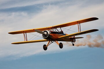 A Vintage Biplane Flying with Prop Wash Against a Classic Sky Background
