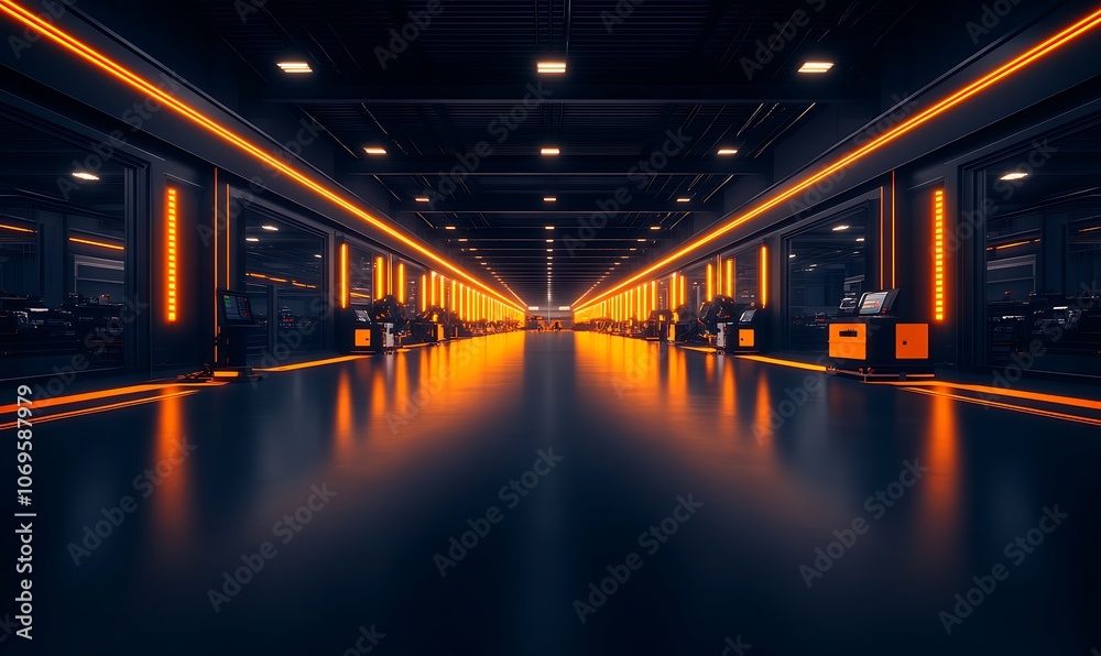 Aufkleber A futuristic corridor illuminated with glowing orange lights, creating a sleek and modern ambiance. The reflective surface enhances the depth and space.