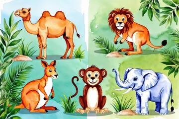 Naklejka premium Cute Wildlife Watercolor Set: Hand-Painted Animals Including Camel, Kangaroo, Lion, Monkey, and Elephant