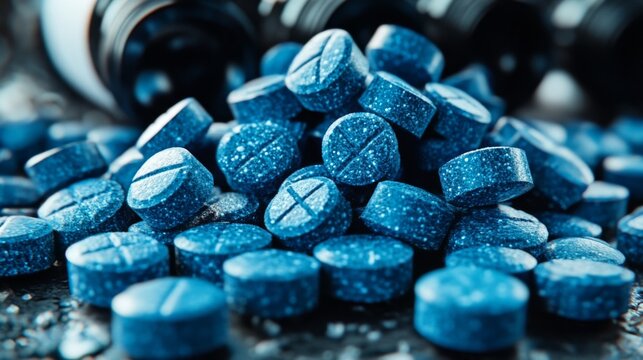 close up of blue pills taken with macro lens