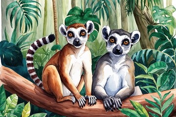 Fototapeta premium Vibrant Watercolor Illustration of Playful Lemurs in a Tropical Rainforest Setting