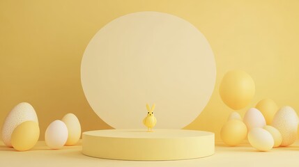 Yellow Easter Bunny on a Pastel Yellow Platform with Eggs