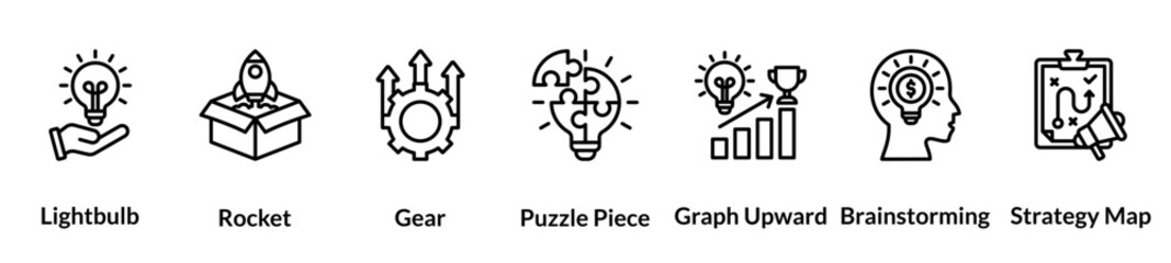 Innovation line icon set. Lightbulb, Rocket, Gear, Puzzle Piece, Graph Upward, Brainstorming, Strategy Map