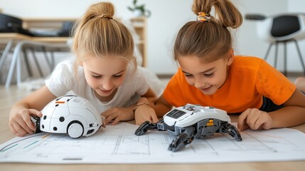 Kids playing smart toys discovering knowledge innovation skills exciting environment. AI generated