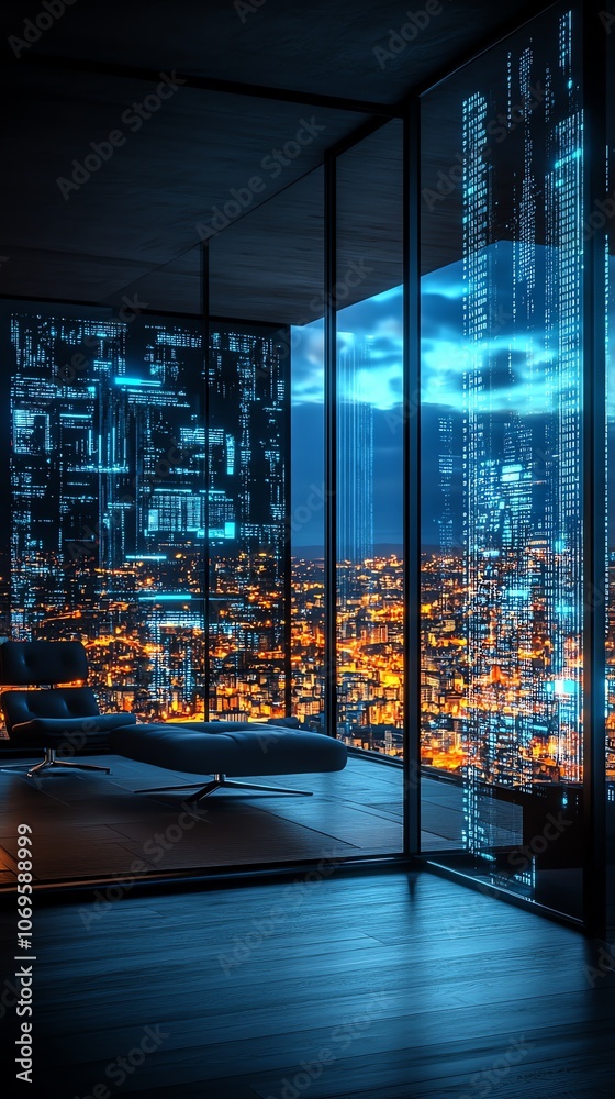 Poster a modern living room with a large window overlooking a city skyline at night. the window reflects bl