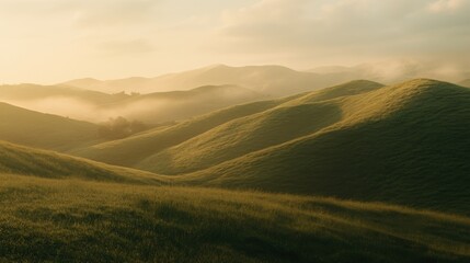 Fototapeta premium Golden Hour Over Rolling Hills With Fog