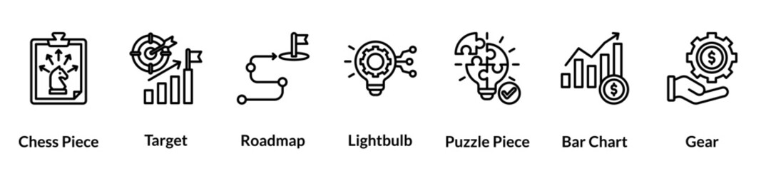 Business strategy line icon set. Chess Piece, Target, Roadmap, Lightbulb, Puzzle Piece, Bar Chart, Gear