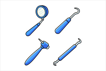 doodle dentist surgery tools with spiegel, mouth mirror, sonde, probe, hand piece colorful illustration element design set for dentistry, healthcare, medical, hospital, clinic