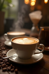 Cups of latte art, coffee beans, and brewing equipment, showcasing a cozy and inviting café atmosphere.
