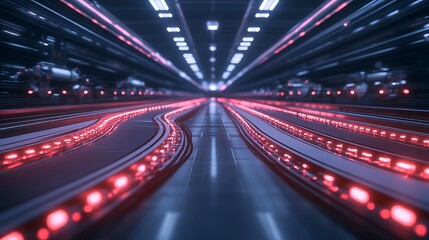 Fototapeta premium A futuristic corridor illuminated by red lights, creating a dynamic perspective with a sense of depth.