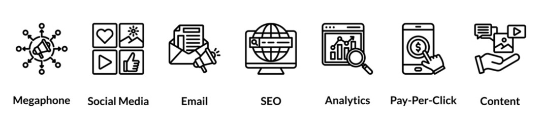 Digital marketing line icon set. Megaphone, Social Media, Email, SEO, Analytics, Pay Per Click, Content