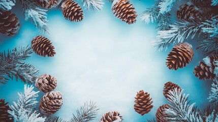 Winter beautiful background with pine branches and frame