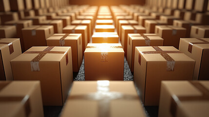 Fototapeta premium Endless Rows of Cardboard Boxes in Warehouse