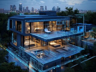 A modern, luxurious house with a digital blueprint overlay.  The house is set against a backdrop of a city skyline. 