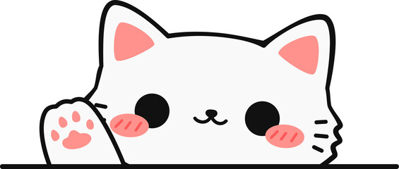 Cute Cartoon White Cat Waving Paw Illustration, Kawaii Cat Doodle Waving Hand © ciaoaleandro