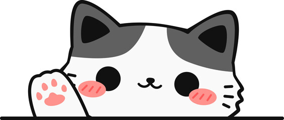 Cute Cartoon Cat Waving Paw Illustration, Kawaii Cat Doodle Waving Hand