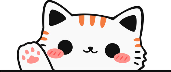 Cute Cartoon Cat Waving Paw Illustration, Kawaii Cat Doodle Waving Hand