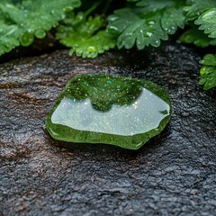 Sparkling green rock on wet ground