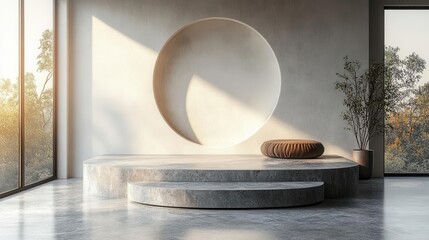 minimalistic product presentation background featuring a sleek podium against a clean white backdrop, designed for showcasing products in a sophisticated manner