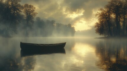 misty fog enveloping a serene lake, with a lone boat gliding through the water, creating a dreamy and peaceful atmosphere perfect for contemplation