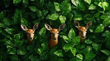Three Majestic Deer Gracefully Blend into Lush Greenery