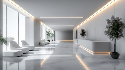 Fototapeta premium minimalistic white reception area of a modern medical office, featuring sleek design elements, clean lines, and an inviting atmosphere for patients