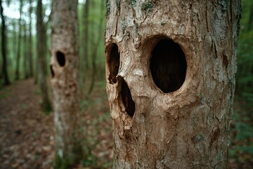 Fototapeta premium Mysterious tree trunk with hollow openings in a lush forest