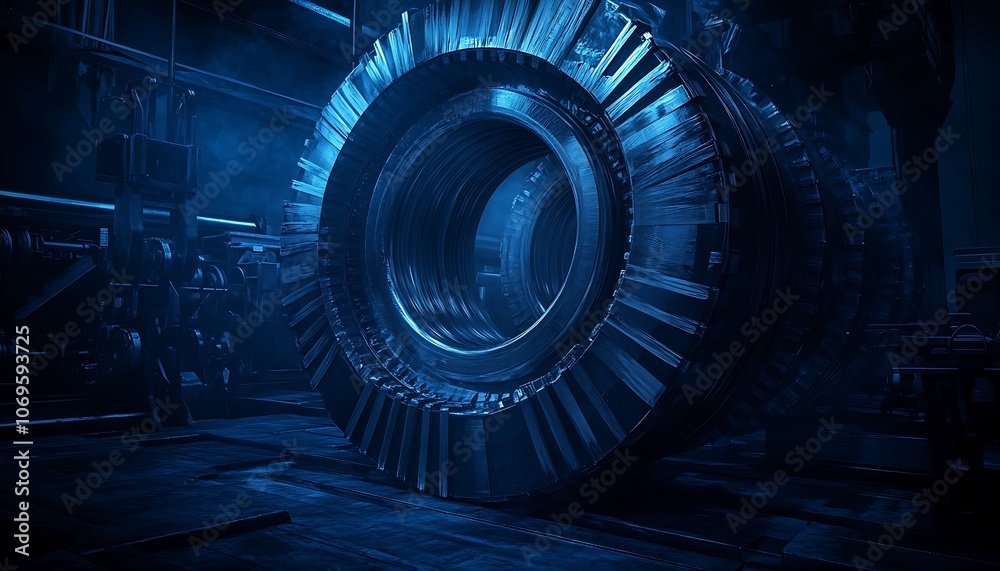 Aufkleber a close-up of a large, intricate machinery component illuminated in blue, showcasing textures and de