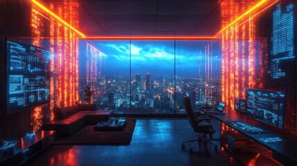 modern cyberpunk office interior with neon lights and technology overlays, creating a futuristic workspace that enhances corporate strategy through dynamic elements and a vibrant color scheme