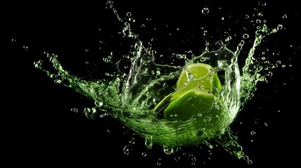 A green apple splashes into water, creating vibrant droplets against a dark background.