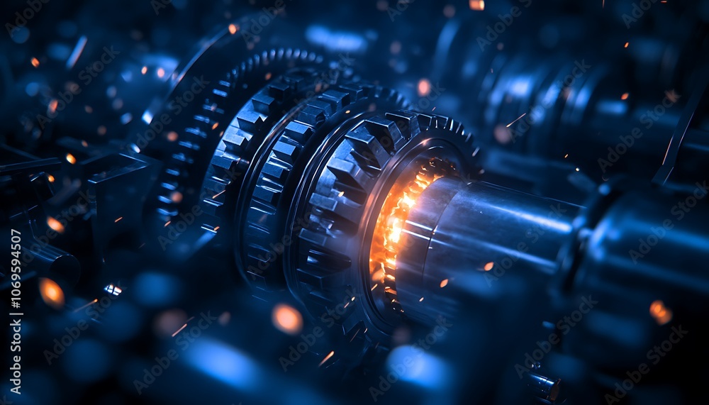 Aufkleber A close-up view of intricate gears emitting light, showcasing mechanical precision and energy in a futuristic industrial setting.