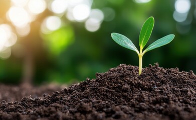 Sprouting seedling in soil with sunlight