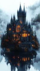 Fototapeta premium Mysterious Gothic Castle with Warm Glowing Windows in a Misty Forest - made with Generative AI