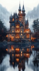 Obraz premium Majestic Medieval Castle Surrounded by Fog and Reflected in Still Water - made with Generative AI