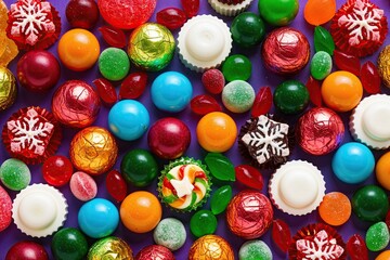 Colorful Assortment of Festive Sweets and Candies: A Vibrant Overhead View of Confectionery Delights