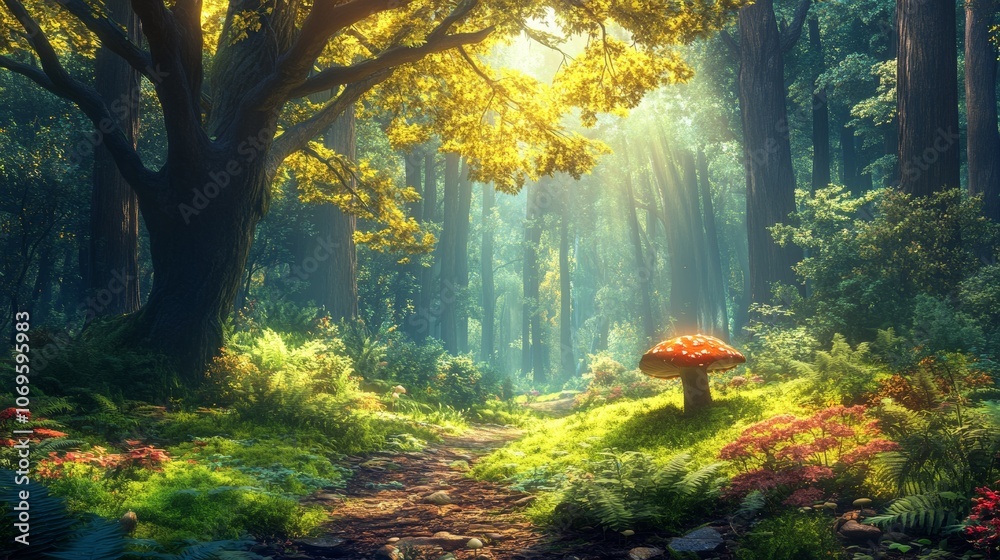 Poster sunlit forest path with vibrant flora and mushroom, tranquil nature scene