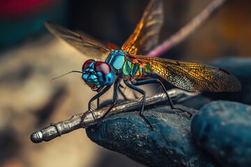 Colorful Dragonfly on a Tool in Nature's Habitat