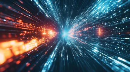 Obraz premium A dynamic visual representation of light and data traveling through a digital space.